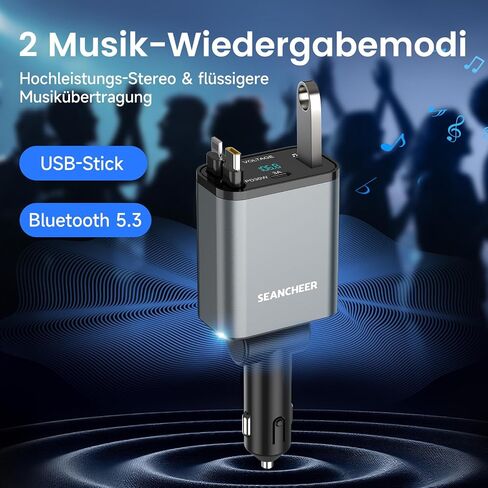 محول Car Bluetooth وشاحن السيارة USB C ، محول ولاعة سجائر 69W مع كبلتين قابلتين للسحب ، FM Transmitter Bluetooth 5.3 للاتصال اليدوي ، مشغل MP3 (رمادي [USB-C+Lightning]) in Kuwait