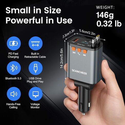 محول Car Bluetooth وشاحن السيارة USB C ، محول ولاعة سجائر 69W مع كبلتين قابلتين للسحب ، FM Transmitter Bluetooth 5.3 للاتصال اليدوي ، مشغل MP3 (رمادي [USB-C+Lightning]) in Kuwait
