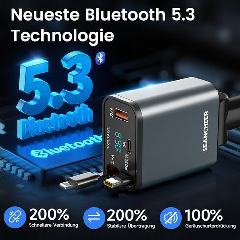 محول Car Bluetooth وشاحن السيارة USB C ، محول ولاعة سجائر 69W مع كبلتين قابلتين للسحب ، FM Transmitter Bluetooth 5.3 للاتصال اليدوي ، مشغل MP3 (رمادي [USB-C+Lightning]) in Kuwait