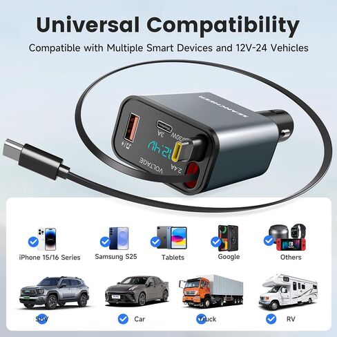 محول Car Bluetooth وشاحن السيارة USB C ، محول ولاعة سجائر 69W مع كبلتين قابلتين للسحب ، FM Transmitter Bluetooth 5.3 للاتصال اليدوي ، مشغل MP3 (رمادي [USB-C+Lightning]) in Kuwait