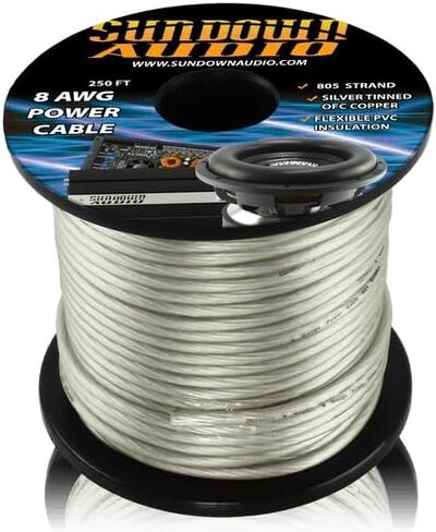 Sundown Audio CBL-8S250 8 AWG Power Cable-250 قدم بكرة ، نحاس معلب من الفضة ، 805 خيوط ، PVC فائقة المرونة-مضخم صوت السيارة العالي الحالي وسلك مضخم الصوت (الفضة) in Saudi Arabia