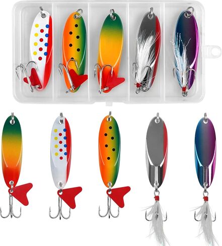 Fishing Spoons Lures Set,5pcs Hard Metal Casting Jigging Spoon Baits with Sharp Treble Hooks Jig Spoons Lure for Saltwater Freshwater Bass Trout Salmon Crappie Walleye Pike in Saudi Arabia