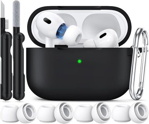 for Airpods Pro 2 Case 2023/2022/2019 with Cleaner kit,Silicone Protection AirPod Pro Case Cover (USB-C/Lightning Cable) with Ear Tips,Airpods Pro 2nd/1st Generation Case with Keychain,Black in Kuwait