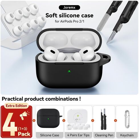 for Airpods Pro 2 Case 2023/2022/2019 with Cleaner kit,Silicone Protection AirPod Pro Case Cover (USB-C/Lightning Cable) with Ear Tips,Airpods Pro 2nd/1st Generation Case with Keychain,Black in Kuwait
