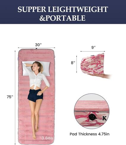 Inflatable Sleeping Pad for Camping, Extra-Thick 4.75" Single Air Mattress with Soft Velvet Top, Machine Washable, Family Lightweight 4-Season Pad for Traveling & Hiking, Pink in Saudi Arabia
