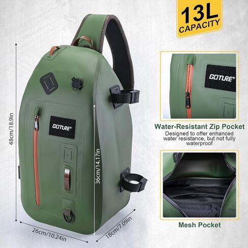 Goture Waterproof Fly Fishing Sling Pack, IPX8 840D TPU Fishing Sling Bag, 13L Tackle Backpack with Rod Holder,Airtight Zipper,Exhaust Valve,Adjustable Strap,Cross Body Gear Storage Bag,Gift for Men in Saudi Arabia