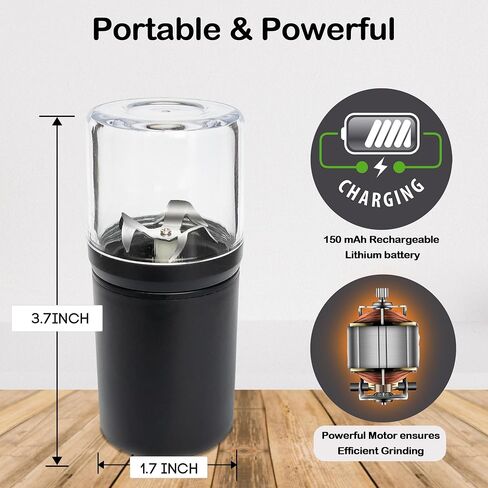Saitama Electric Herb Grinder - شفرات مضغوطة وقوية ، USB -C قابلة لإعادة الشحن ، شفرات من الفولاذ المقاوم للصدأ ، غرفة صافية للطحن الدقيق ، سريع وحتى طحن (أسود) in Kuwait