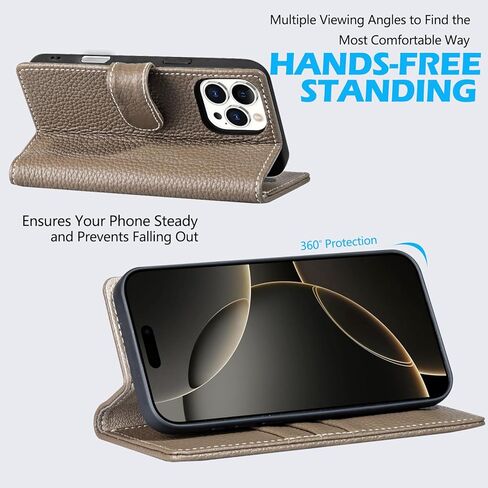 متوافق مع iPhone 16 Plus 6.7 ‘'Wallet Case ، جلد أصلي متين ، مقاوم للصدمات ، غطاء الورقة الوجه مع فتحة البطاقة ، Kickstand ، Gray Brown in Kuwait