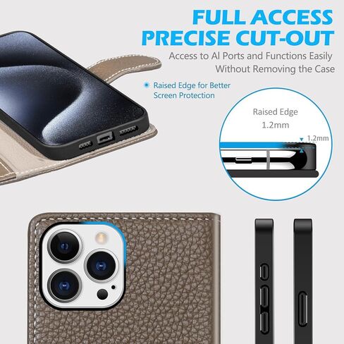 متوافق مع iPhone 16 Plus 6.7 ‘'Wallet Case ، جلد أصلي متين ، مقاوم للصدمات ، غطاء الورقة الوجه مع فتحة البطاقة ، Kickstand ، Gray Brown in Kuwait