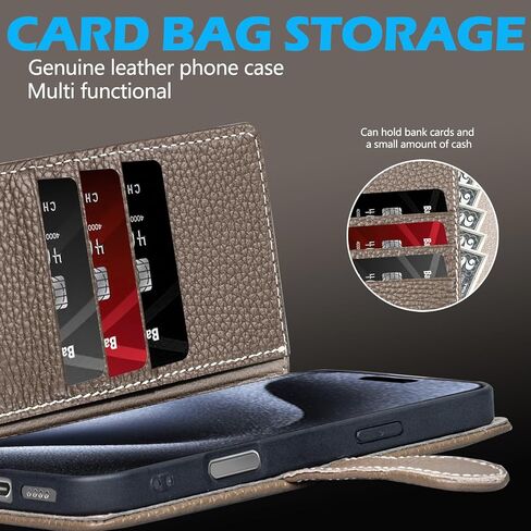 متوافق مع iPhone 16 Plus 6.7 ‘'Wallet Case ، جلد أصلي متين ، مقاوم للصدمات ، غطاء الورقة الوجه مع فتحة البطاقة ، Kickstand ، Gray Brown in Kuwait