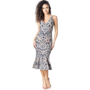 Dress the Population Women's Isabelle V-Neck Neckline, Bodycon Silhouette with a Ruffled Hem Midi Dress in Kuwait