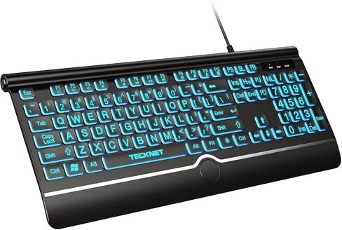 TECKNET Large Print Backlit Keyboard, Wired USB-A Computer Keyboard with Wrist Rest, 7-Color Backlit, Oversized Letter Keys Easy to See, Plug-and-Play, Silent, Foldable Stands for Windows/PC/Laptop in Saudi Arabia