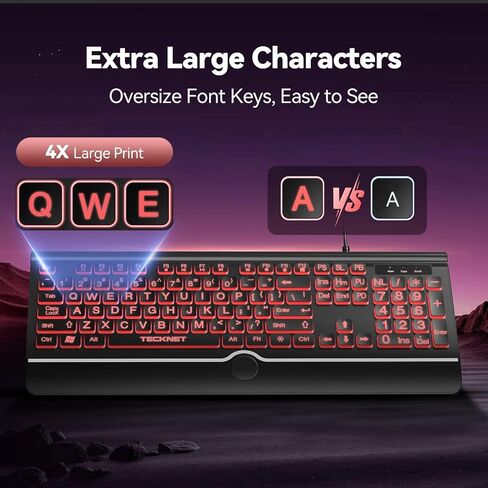 TECKNET Large Print Backlit Keyboard, Wired USB-A Computer Keyboard with Wrist Rest, 7-Color Backlit, Oversized Letter Keys Easy to See, Plug-and-Play, Silent, Foldable Stands for Windows/PC/Laptop in Saudi Arabia