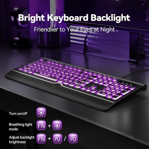 TECKNET Large Print Backlit Keyboard, Wired USB-A Computer Keyboard with Wrist Rest, 7-Color Backlit, Oversized Letter Keys Easy to See, Plug-and-Play, Silent, Foldable Stands for Windows/PC/Laptop in Saudi Arabia