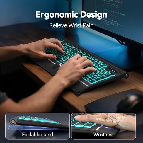 TECKNET Large Print Backlit Keyboard, Wired USB-A Computer Keyboard with Wrist Rest, 7-Color Backlit, Oversized Letter Keys Easy to See, Plug-and-Play, Silent, Foldable Stands for Windows/PC/Laptop in Saudi Arabia