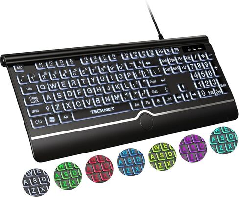 TECKNET Large Print Backlit Keyboard, Wired USB-A Computer Keyboard with Wrist Rest, 7-Color Backlit, Oversized Letter Keys Easy to See, Plug-and-Play, Silent, Foldable Stands for Windows/PC/Laptop in Saudi Arabia