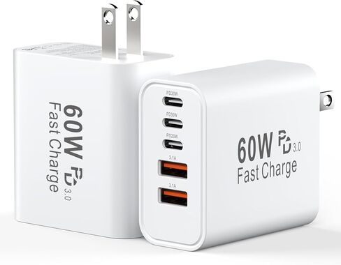 USB C Block Fast Charger Block ، 60W 5-Port USB C Clocks Wall Clocks ، Type C Charger Charger Fast Charging Brick ، ​​3USB C+2USB A PD & QC3.0 Multiport Charger for iPhone 16/15/14/13 PRO MAX ، IPAD ، GALAXY-WHITE in Kuwait