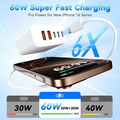USB C Block Fast Charger Block ، 60W 5-Port USB C Clocks Wall Clocks ، Type C Charger Charger Fast Charging Brick ، ​​3USB C+2USB A PD & QC3.0 Multiport Charger for iPhone 16/15/14/13 PRO MAX ، IPAD ، GALAXY-WHITE in Kuwait