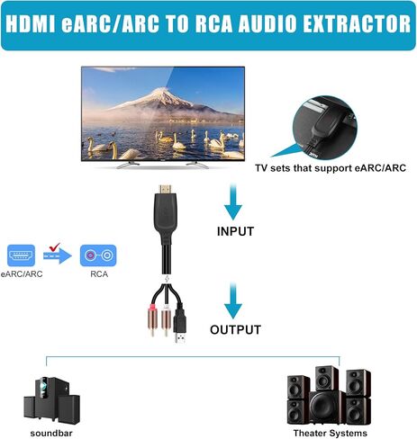 192 كيلو هرتز HDMI EARC/ARC إلى RCA Audio Converter للتلفزيون إلى Soundbar ، PLUCT & PLAY 3.7ft/1.15m EARC إلى RCA L/R Cable Audio Adeio Adapter Flitter for Sound System Home Theater [PCM فقط] in Kuwait