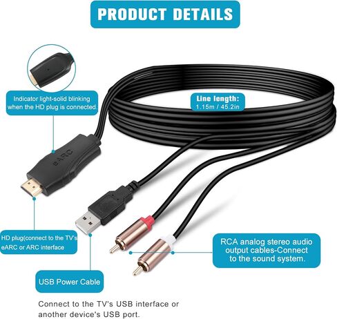 192 كيلو هرتز HDMI EARC/ARC إلى RCA Audio Converter للتلفزيون إلى Soundbar ، PLUCT & PLAY 3.7ft/1.15m EARC إلى RCA L/R Cable Audio Adeio Adapter Flitter for Sound System Home Theater [PCM فقط] in Kuwait