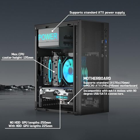 Micro ATX Case ، Mini ITX Case مع USB3.0 ، منفذ I/O USB2.0 ، و PSUS القياسي ATX ، تصميم AIR SIDE MATX مع مرشح شبكة الغبار ， أسود in Kuwait