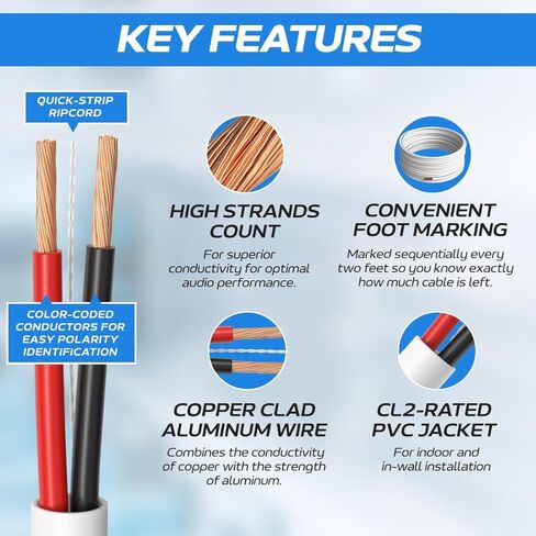 CableMaestro 250FT 16AWG Bulk Speaker Wire – CL2 Rated, 4-Conductor CCA, in-Wall Audio Cable, Easy Pull Box in Saudi Arabia