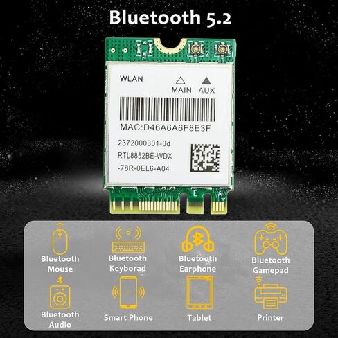 Realtek RTL8852BE WLAN M.2 2230 WiFi 6 + BT Card: Dual-Band (2.4 and 5 Ghz) 802.11ax Wi-Fi (up to 1800 Mbps) + Bluetooth 5.0. Fast, efficient connectivity for Laptops, Desktops and Smart Devices in Kuwait