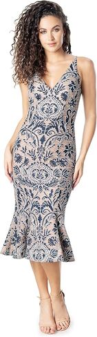 Dress the Population Women's Isabelle V-Neck Neckline, Bodycon Silhouette with a Ruffled Hem Midi Dress in Kuwait