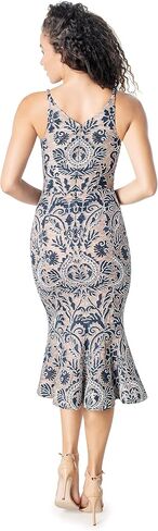 Dress the Population Women's Isabelle V-Neck Neckline, Bodycon Silhouette with a Ruffled Hem Midi Dress in Kuwait