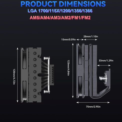 تبريد وحدة المعالجة المركزية منخفضة: 75 مم ارتفاع CPU Air Cooler 8 Heatpipes 120x120x15mm Slim Fan ، مروحة وحدة المعالجة المركزية لـ Intel LGA1700/115x/1200 ؛ AMD AM4/AM5 in Kuwait