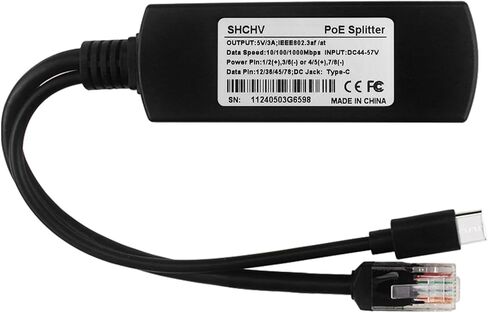 1pcs 5V 3A Gigabit Type C PoE Splitter IEEE 802.3af/at Standard, 10/100/1000Mbps Type C Power Over Ethernet Splitter with RJ45 Port and TYPEC Port(Black)，Suitable for Raspberry Pi 4B/4B + in Kuwait