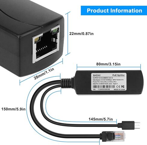 1pcs 5V 3A Gigabit Type C PoE Splitter IEEE 802.3af/at Standard, 10/100/1000Mbps Type C Power Over Ethernet Splitter with RJ45 Port and TYPEC Port(Black)，Suitable for Raspberry Pi 4B/4B + in Kuwait