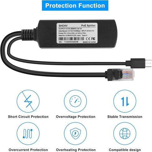 1pcs 5V 3A Gigabit Type C PoE Splitter IEEE 802.3af/at Standard, 10/100/1000Mbps Type C Power Over Ethernet Splitter with RJ45 Port and TYPEC Port(Black)，Suitable for Raspberry Pi 4B/4B + in Kuwait