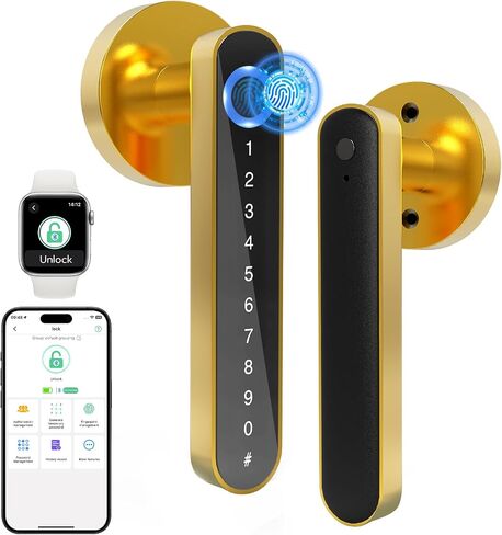 Smart Fingerprint Door Lock - 5-in-1 Keypad Entry with Handle, Smart APP Codes, Biometric Security for Bedroom, Apartment, Front Door - Gold in Kuwait
