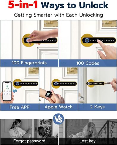 Smart Fingerprint Door Lock - 5-in-1 Keypad Entry with Handle, Smart APP Codes, Biometric Security for Bedroom, Apartment, Front Door - Gold in Kuwait