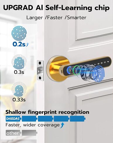 Smart Fingerprint Door Lock - 5-in-1 Keypad Entry with Handle, Smart APP Codes, Biometric Security for Bedroom, Apartment, Front Door - Gold in Kuwait