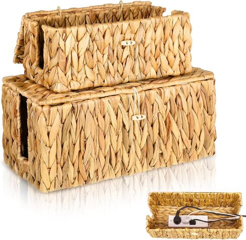 Cable Management Box with Lid 2 Pack Handwoven Water Hyacinth Decorative Cord Hider Organizer 2 Side Open Slots Storage Boxs Wicker Power Cord Box to Hide Cords and Power Strip for Desk Floor Office in Saudi Arabia