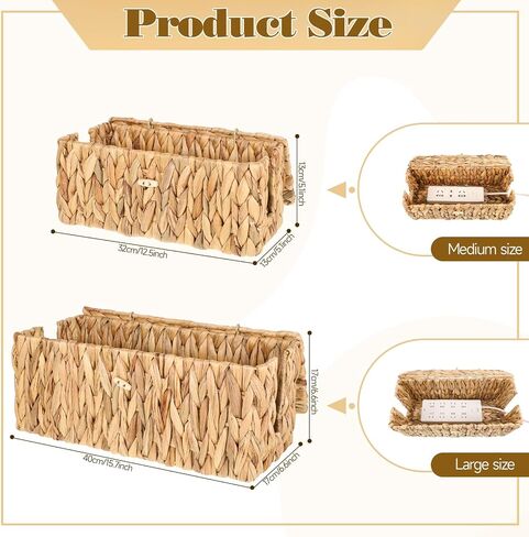 Cable Management Box with Lid 2 Pack Handwoven Water Hyacinth Decorative Cord Hider Organizer 2 Side Open Slots Storage Boxs Wicker Power Cord Box to Hide Cords and Power Strip for Desk Floor Office in Saudi Arabia