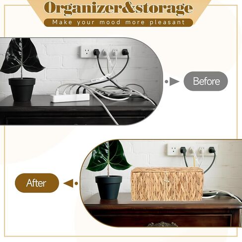 Cable Management Box with Lid 2 Pack Handwoven Water Hyacinth Decorative Cord Hider Organizer 2 Side Open Slots Storage Boxs Wicker Power Cord Box to Hide Cords and Power Strip for Desk Floor Office in Saudi Arabia