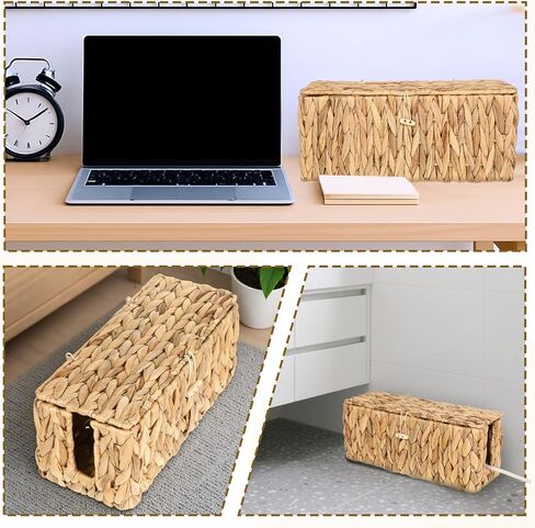 Cable Management Box with Lid 2 Pack Handwoven Water Hyacinth Decorative Cord Hider Organizer 2 Side Open Slots Storage Boxs Wicker Power Cord Box to Hide Cords and Power Strip for Desk Floor Office in Saudi Arabia