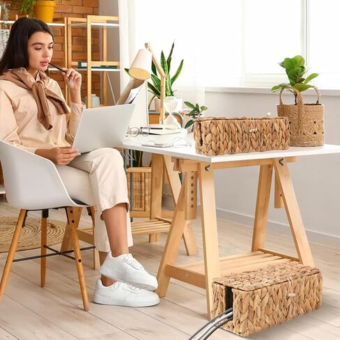 Cable Management Box with Lid 2 Pack Handwoven Water Hyacinth Decorative Cord Hider Organizer 2 Side Open Slots Storage Boxs Wicker Power Cord Box to Hide Cords and Power Strip for Desk Floor Office in Saudi Arabia