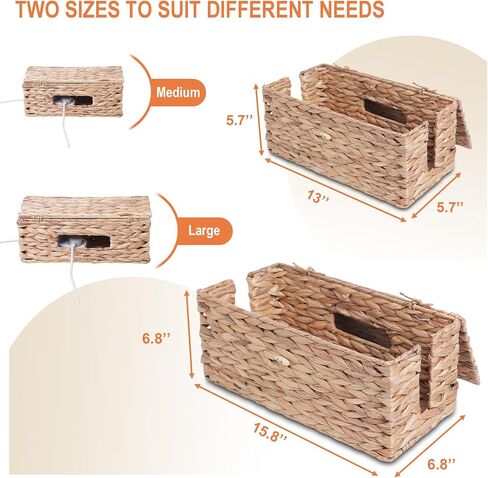 Cable Management Box, Cord Hider Organizer Box with Lid 2-Pack,2 Side Open Slots Handwoven Water Hyacinth Storage Box for Power Strips, Floor, Desk, Office in Saudi Arabia