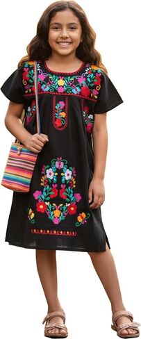 YZXDORWJ Girl Mexican Embroidered Dress Traditional Floral Short Sleeve in Saudi Arabia