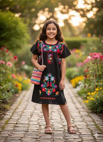 YZXDORWJ Girl Mexican Embroidered Dress Traditional Floral Short Sleeve in Saudi Arabia