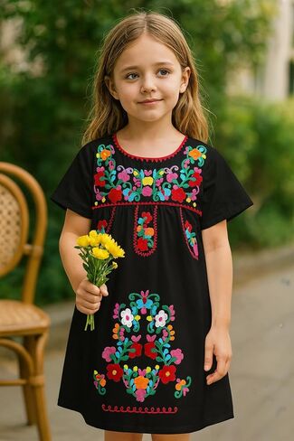 YZXDORWJ Girl Mexican Embroidered Dress Traditional Floral Short Sleeve in Saudi Arabia