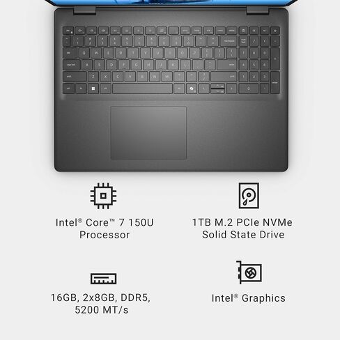 DELL 16 LAPTOP DC16250-16.0 بوصة 16:10 FHD+ عرض اللمس ، Intel Core 7 150U ، RAM 16GB DDR5 ، 1 تيرابايت SSD ، Intel Graphics ، Windows 11 Home ، خدمة واحدة في الموقع الأساسي-Carbon Black in Kuwait