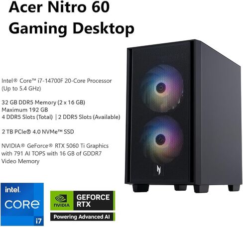 Acer Nitro 60 N60-640-UR26 Gaming Desktop | Intel Core I7-14700F 20-Core Processor | NVIDIA GEFORCE RTX 5060 TI Graphics (791 AI TOPS) | 32GB DDR5 | 2TB PCIE GEN 4 SSD | Wi-Fi 6 | جيجابت إيثرنت in Kuwait