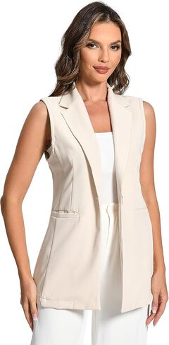 سترة Foucome النسائية الطويلة بدون أكمام وطية صدر السترة بدلة مكتب سترات كاجوال سترة صوفية in Kuwait