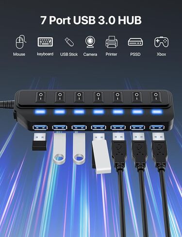USB Hub 7 Port,USB 3.0 Hub Splitter with Individual On/Off LED Switches, USB Hub for PC 5Gbps HighSpeed Data for Laptop, MacBook, Mac Pro, Mac mini, iMac, Surface Pro and More in Saudi Arabia