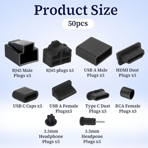 50 PCS 9 Types USB Cover, Silicone USB Port Cover Dust Plug Mobile Dustproof Plugs for USB-A Female/Male, Type-C Cap, 3.5mm Headphone, HDMI, Network Cable Plug, RCA, RJ45 Ethernet Protector Stoppers in Saudi Arabia